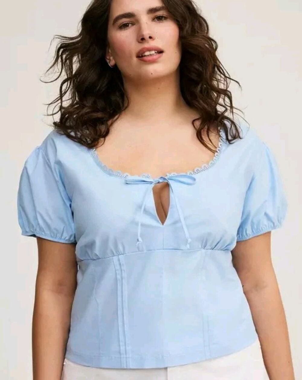 Torrid light blue Poplin Lace Trim Crop Top Peasant Blouse